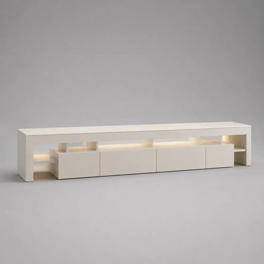 Composizione mobile TV rettangolare a 2 elementi in pannello truciolare melaminico bianco con contenitori e illuminazione LED, 240 x 40 x 65 cm