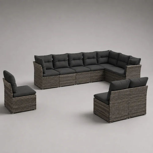 Set salotto da giardino modulare in polyrattan, 3 elementi e 10 posti, grigio con cuscini antracite, composizione angolare 280 x 220 x 75 cm